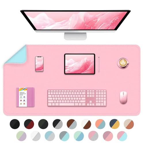 Doppelseitige Schreibtischunterlage, Leicht zu reinigen Laptopmatte Großes Mauspad Leder Schreibunterlage mit Wildleder für Büro/Haus/Deko -80cmx 40cm, Hellrosa+Hellblau von BLESWIN