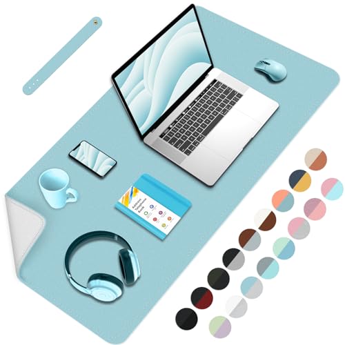 BLESWIN Schreibtischmatte, PU Leder Schreibtischunterlage, Leicht zu reinigende Laptop Matte für den Schreibtisch, Schreibtisch Tischschutzmatte-Blau+Lackierung, 80cmx 40cm von BLESWIN