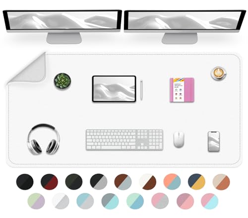Doppelseitige Schreibtischunterlage, Wasserdichte Schreibtischunterlage Tischschutz, Leicht zu reinigen Laptopmatte Großes Mauspad Leder-Weiß+Lackierung, 120x60cm von BLESWIN