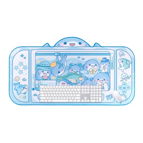 BLINGKIYO Mauspad mit blauem Hai-Motiv, niedliches Cartoon-Design, große rutschfeste Gummiunterseite, Schreibtischunterlage für Tastatur und Maus, Gaming-Mauspad, Tastatur, Laptop, Gaming-Matte, von BLINGKIYO