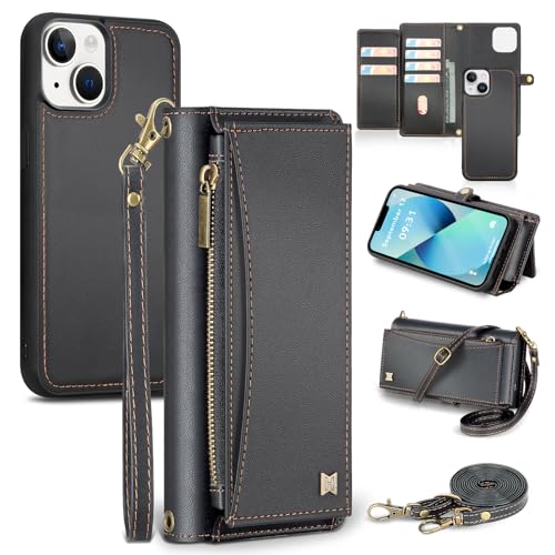 BLISLIAR Schutzhülle für iPhone 13, mit Kartenhalter, Crossbody-Brieftasche, Riemen, RFID-Blockierung, magnetisch, PU-Leder, stoßfeste Schutzhülle, iPhone 13, 15,5 cm (6,1 Zoll), Schwarz von BLISLIAR