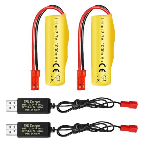 2PCS 3.7V 1000mAh Li-ion Batterie mit JST-2P Stecker und USB Ladekabel für Huina 1337 1338 1516 1517 Fernbedienung Ingenieurfahrzeug RC Fernbedienung Spielzeug Auto von BLLRC