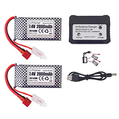 2PCS 7,4V 2000mAh T-Stecker Lithium-Akku + 2-in-1-Ladegerät für 9200 9200E HB101 200E 9202E 9203E 9204E 9205E 9206E 2995 YC300 HM101 LG-DJ02 9125 S920 HB101 WLtoys RC Auto RC Boot Drone Quadcopter von BLLRC