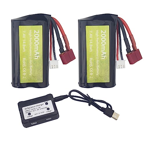 2PCS 7.4V 2000mAh Lithium-Batterie mit T-Stecker und 2-in-1 Ladegerät für 55-DJ02 9155 9156 HM121 HM124 HM163 WLOTYS 12403 12428 YC200 YC200 RC Fernbedienung Auto High-Speed Spielzeug Auto von BLLRC