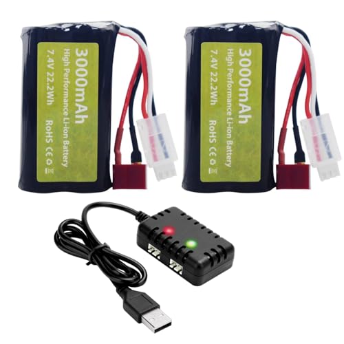 2PCS 7.4V 3000mAh 15C 2S Li-ion Batterie mit T-förmigem Stecker und 1 Ladegerät 2 Ladegeräte für WLtoys 12423 MJX 14301 14302 14303 H16PL 1/10, 1/12, 1/16 RC ferngesteuertes Auto/Schiff 2PCS 7.4V 3000mAh 15C 2S Li-ion Batterie mit T-förmigem Stecker und 1 Ladegerät 2 Ladegeräte für WLtoys 12423 MJX 14301 14302 14303 H16PL 1/10, 1/12, 1/16 RC ferngesteuertes Auto/Schiff von BLLRC