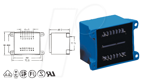 EI 60/25,5 206 - Printtrafo, 25 VA, 2x 6 V, RM 32,5 mm von BLOCK TRANSFORMATOREN