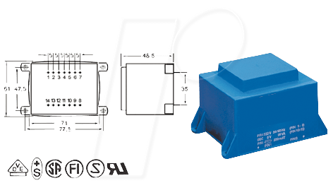 EI 66/23 109 - Printtrafo, 36 VA, 9 V, 4 A, RM 35 mm von BLOCK TRANSFORMATOREN