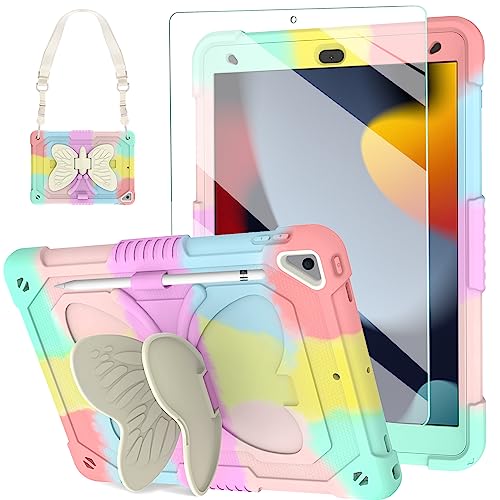 Schutzhülle für iPad 9.,8.,7. Generation, 25.7 cm (10.2 Zoll), 2021/2020/2019, bunte Abdeckung mit Stifthalter, Schultergurt von BLOSOMEET