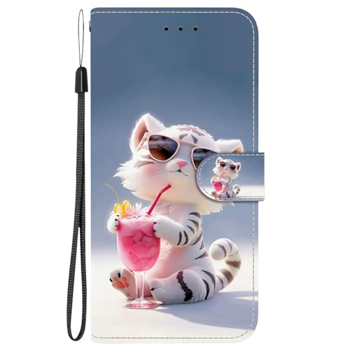 BLOTECH Brieftasche Wallet Flip Case für Infinix HOT 10i Limonade trinkendes Tigerjunges Glänzende Glitzernd mit 3 Kartenfächern und Magnetknopf [Free Wrist Strap] Folio TPU Innenständer Schutzhülle von BLOTECH