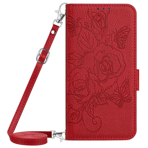 BLOTECH Handyhülle Leder für Redmi Note 11 Pro Plus Hülle Rose Drucken Flip Wallet Handyhülle Leder Tasche Schutzhülle Ständer Klapphülle Geld Slot Magnetverschluss Premium PU Flip Handytasche,Red von BLOTECH