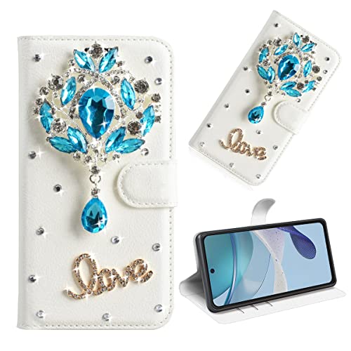 BLOTECH Handyhüllen für Xiaomi Poco F5 5G Glitzer Hülle Leder Hülle Weiß PU Wallet Flip Case Ledertasche Schutzhülle Glänzende Glitzer Bling 3D Blue Pendant Strass Diamant Hülle Bumper Handyhülle von BLOTECH