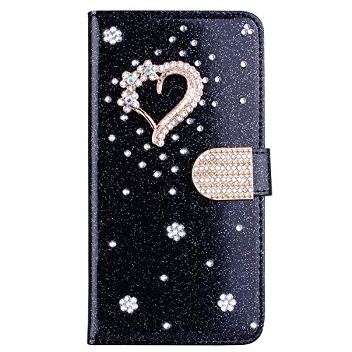 BLOTECH Hülle für Redmi Note 10 5G Glitzer Bling Handyhülle PU Leder Brieftasche Glitzer Schutzhülle Glänzende Bling 3D Schnalle & Liebe Etui HandyCase für Redmi Note 10 5G,Schwarz von BLOTECH