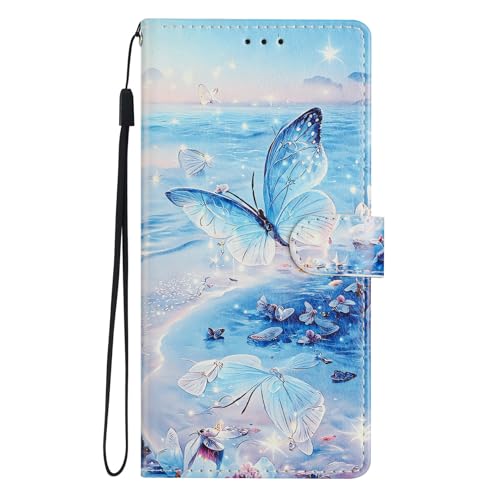 BLOTECH PU Leder Handyhülle für Samsung Galaxy A14 5G Hülle Brieftasche Schutzhülle Leder Flip Case Cover Klapphüllen Tasche Etui mit Magnetknopf/Kartenschlitz/Halterung,Blauer Schmetterling am Meer von BLOTECH
