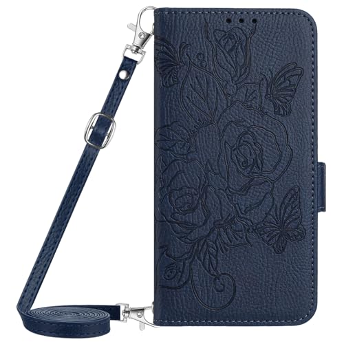 BLOTECH Schutzhülle für Redmi 13C 5G Hülle,Handyhülle Reißverschluss Flip Cover Stoßfeste Handytasche Magnetisch Prägung Flip Rose PU Leder Tasche Wallet Case für Redmi 13C 5G,Deep Blue von BLOTECH