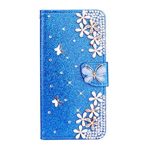 BLOTECH Wallet Flip Case Cover für Motorola Moto G22 Leder Hülle Glitzer PU Schutzhülle Kreditkarteninhaber Kippständer Schutzhülle Scratch Cover Euit Handycover mit 3D Motiv Blue Bling Schmetterling von BLOTECH