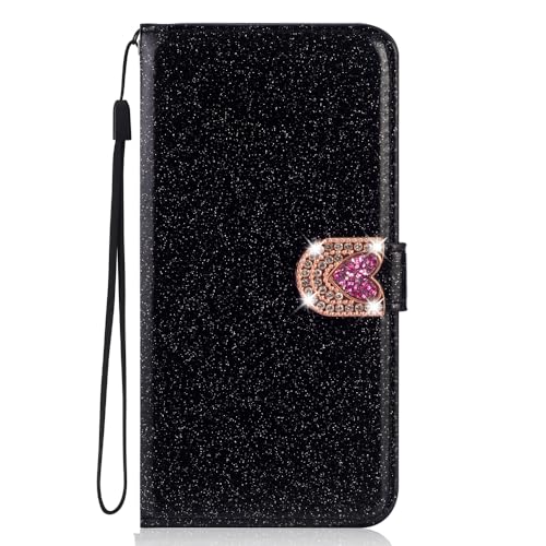 Case for Samsung Galaxy A03 Glitter Wallet Case, Mobile Phone Case, PU Leather, Mobile Phone Case Bumper 3 Card Slots, Stand Function, Wallet, Carrying Strap, Protective Flip Wallet Case,Schwarz von BLOTECH