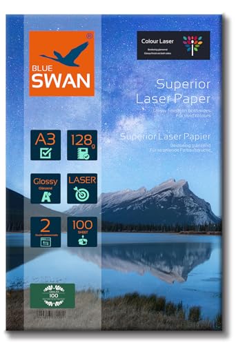 BLUE SWAN 100 Blatt A3 Superior Colour Laser Fotopapier Flyer Papier, 128g/qm, Glossy,glaenzend, beidseitig bedruckbar, Fuer allen normalen/Farblaserdruckern/Kopierern (Colour Laserdrucker) von BLUE SWAN