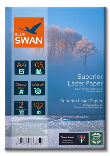 BLUE SWAN 200 Blatt Superior Colour Laser Fotopapier Flyer Papier A4, 105g/qm, Glossy,glaenzend, beidseitig bedruckbar, Fuer allen normalen/Farblaserdruckern/Kopierern (A4 105g) von BLUE SWAN