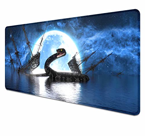 Erweitertes großes Gaming-Mauspad mit genähten Kanten, Vollmond große Schlange Schreibtischmatte für Computer, rutschfestes großes Mauspad mit Tastaturpad für Arbeit, Büro, Zuhause – 90x39.9 cm von BLUEBOOD