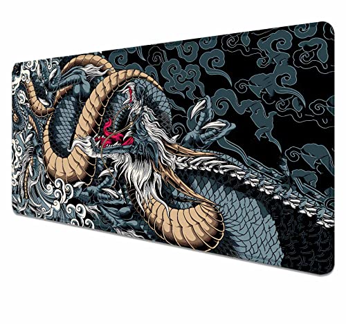 Erweitertes großes Gaming-Mauspad mit genähten Kanten, japanischer schwarzer Drache Schreibtischmatte für Computer, rutschfestes großes Mauspad mit Tastaturpad für Arbeit, Gamer, Zuhause,90x39.9 cm von BLUEBOOD