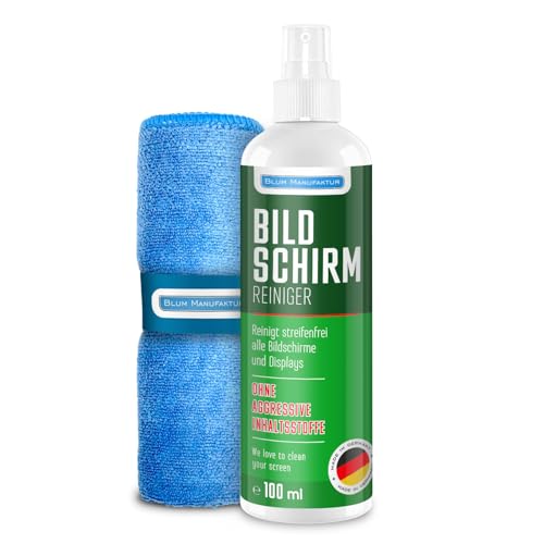 Blum Manufaktur 1x 100ml Bildschirmreiniger + 30x30 cm Mikrofasertuch Supersoft 365GSM - Screen Cleaner - Display Reiniger - Absolut streifenfreie Reinigung von Handy, Laptop, PC, TV von BLUM MANUFAKTUR