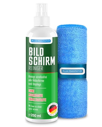 Blum Manufaktur Bildschirmreiniger 1x 250 ml + 30x30 cm Mikrofasertuch Supersoft 365GSM - Screen Cleaner - Display Reiniger - Absolut streifenfreie Reinigung von Handy, Laptop, PC, TV von BLUM MANUFAKTUR