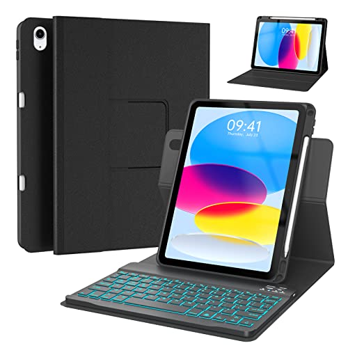BLUTLOTUS iPad 10. Generation Hülle mit Tastatur 2022 10,9 Zoll, 360° drehbare Tastaturhülle mit Stifthalter, 7-farbige Hintergrundbeleuchtung, abnehmbare Bluetooth-Tastatur, Smart Folio Tablet Cover von BLUTLOTUS