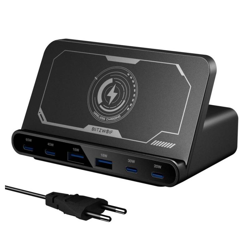 BLiTZWOLF Kabelloses Ladestation (160W 6-Port USB PD Desktop Schnellladegerät, 2 USB-A 4 USB-C PD3.0 QC4.0 Induktive Ladegerät) von BLiTZWOLF