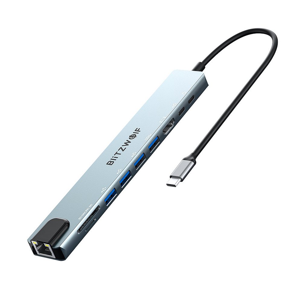 BLiTZWOLF USB-Verteiler (10 in 1 USB-Adapter Multiport, USB3.0/USB2.0/Typ-C 2.0/RJ45-Ethernet), 100 W PD-Aufladung / SD-TF-Kartensteckplätze Dockingstation von BLiTZWOLF