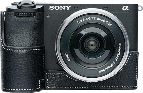 BMAOLLONGB A6700 Kameratasche, handgefertigt, echtes Leder, halbe Kameratasche für Sony-Alpha-A6700 Kamera mit Öffnung unten + Handschlaufe (schwarz) von BMAOLLONGB