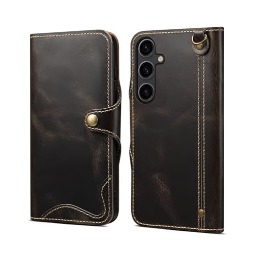 BMLLQSS Schutzhülle für Samsung Galaxy S22 Ultra/S22 Plus/S22 aus echtem Ölwachs, Rindsleder, mit abnehmbarer Handschlaufe, 3 Kartenfächern und Geldfach, unterstützt kabelloses Laden, Farbe: Schwarz von BMLLQSS