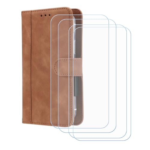 BMPNLSZ Handyhülle für General Mobile Era 5 + [4 Stück] Panzerglas, HD Gehärtetes Glas Displayschutzfolie - Leder Flip Case Schutzhülle Tasche Handytasche für (6,78") - Braun-XHDFG von BMPNLSZ