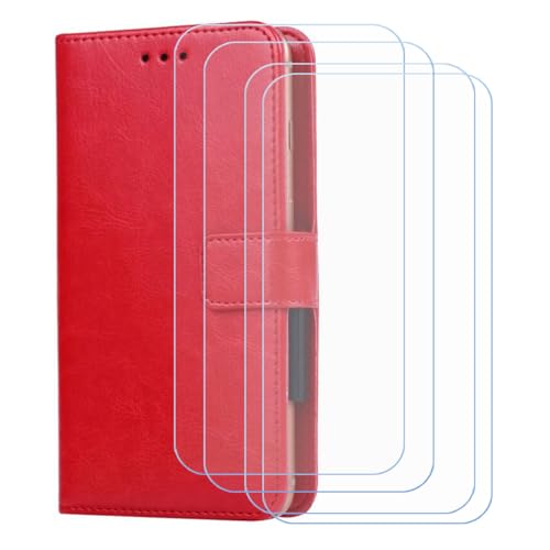 BMPNLSZ Handyhülle für HMD Fusion X1 + [4 Stück] Panzerglas, HD Gehärtetes Glas Displayschutzfolie - Leder Flip Case Schutzhülle Tasche Handytasche für (6,56") - Rot-XHDSXT von BMPNLSZ