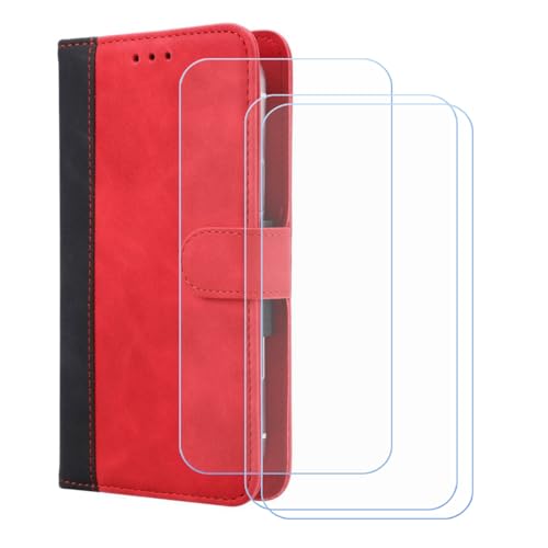 BMPNLSZ Handyhülle für Lanix Alpha 1V + [3 Stück] Panzerglas, HD Gehärtetes Glas Displayschutzfolie - Leder Flip Case Schutzhülle Tasche Handytasche für (6,5") - Rot-XHDFG von BMPNLSZ