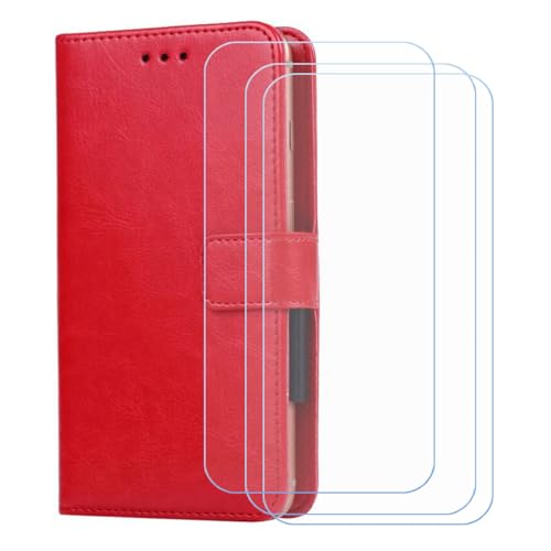 BMPNLSZ Handyhülle für Vivo T4 5G + [3 Stück] Panzerglas, HD Gehärtetes Glas Displayschutzfolie - Leder Flip Case Schutzhülle Tasche Handytasche für (6,77") - Rot-XHDSXT von BMPNLSZ