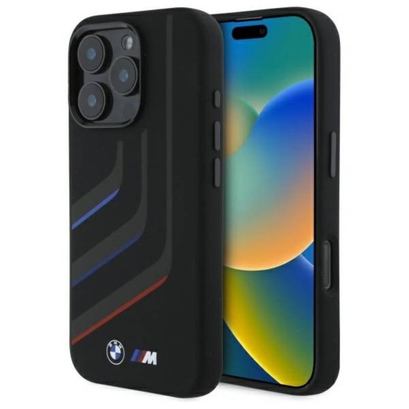 BMW Handyhülle Backcover iPhone 16 Pro Max Silikon schwarz Tricolor MagSafe 6,9 Zoll, Kantenschutz von BMW