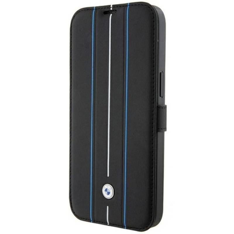 BMW Handyhülle Bookcase iPhone 15 Pro Max Echtleder schwarz blau aufstellbar Logo 6,7 Zoll, Kantenschutz von BMW