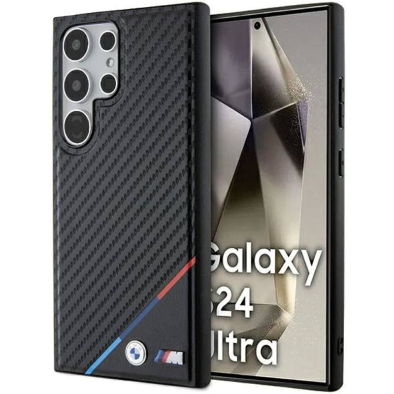 BMW Handyhülle Case Galaxy S24 Ultra MagSafe Carbon Optik Tricolor schwarz 6,8 Zoll, Kantenschutz von BMW