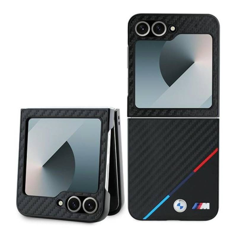 BMW Handyhülle Case Galaxy Z Flip 6 Carbon Look Tricolor Logo Metall 6,7 Zoll, Kantenschutz von BMW