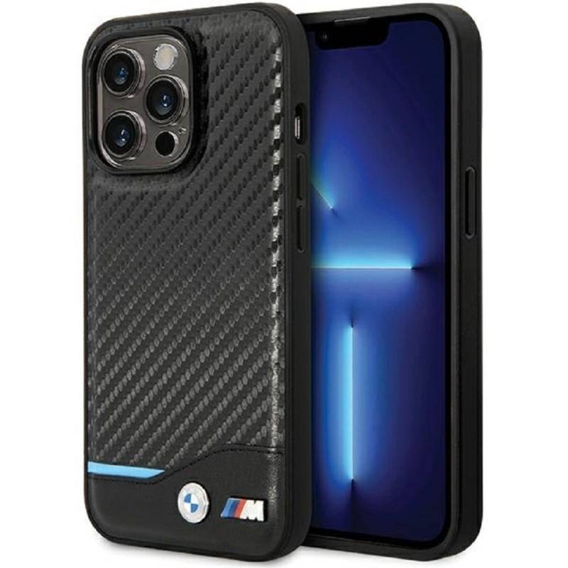 BMW Handyhülle Case iPhone 13 Pro Max Carbon Look schwarz Logo Metall 6,7 Zoll, Kantenschutz von BMW