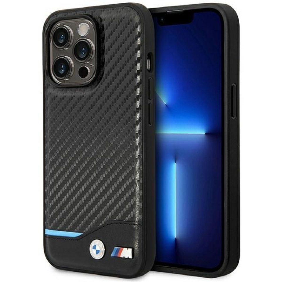 BMW Handyhülle Case iPhone 14 Pro Max Leder Tricolor MagSafe kompatibel Carbon 6,7 Zoll, Kantenschutz von BMW