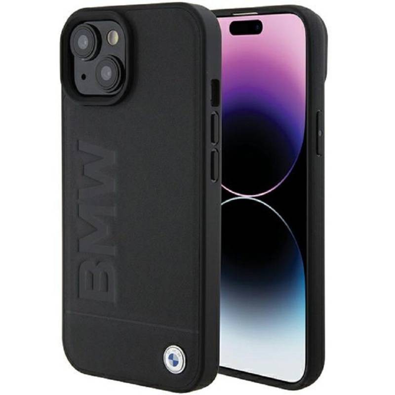 BMW Handyhülle Case iPhone 15 Echtleder schwarz Logo Metall 6,1 Zoll, Kantenschutz von BMW
