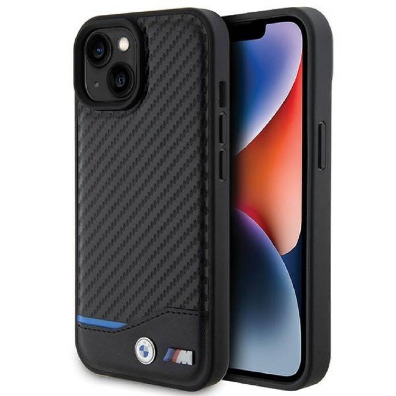 BMW Handyhülle Case iPhone 15 Leder Tricolor schwarz Carbon 6,1 Zoll, Kantenschutz von BMW