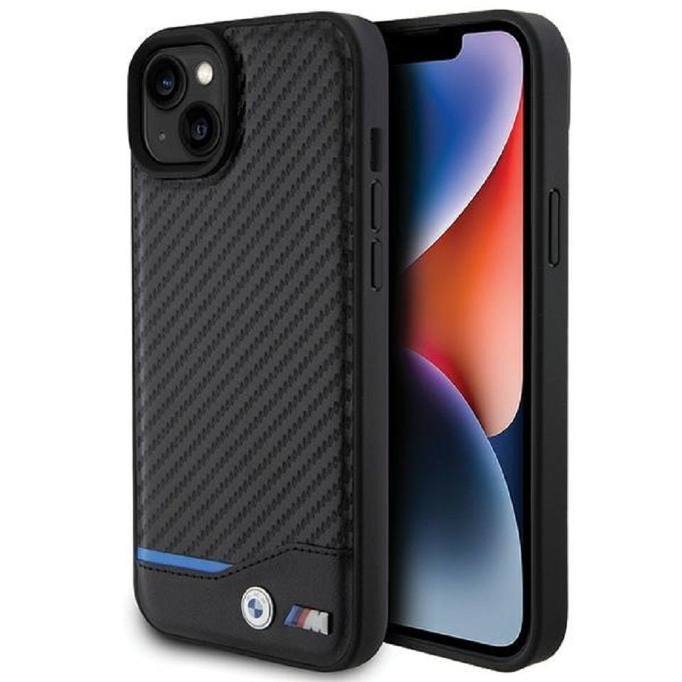 BMW Handyhülle Case iPhone 15 Plus Leder Tricolor schwarz Carbon 6,7 Zoll, Kantenschutz von BMW