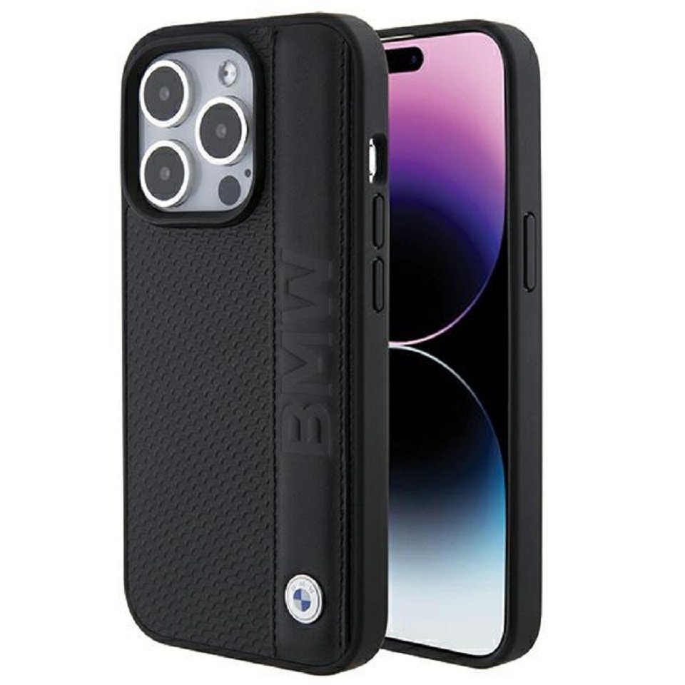 BMW Handyhülle Case iPhone 15 Pro Echtleder geprägt schwarz Logo Metall 6,1 Zoll, Kantenschutz von BMW