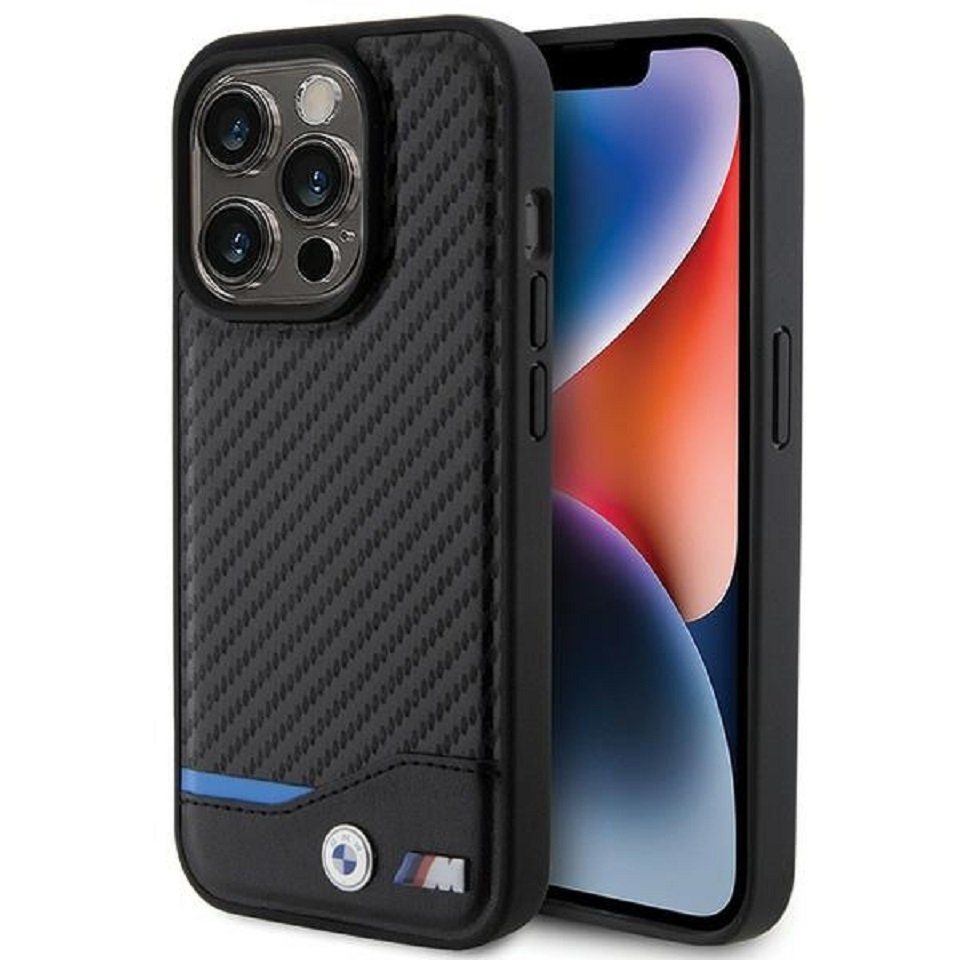 BMW Handyhülle Case iPhone 15 Pro Leder Tricolor schwarz Carbon 6,1 Zoll, Kantenschutz von BMW