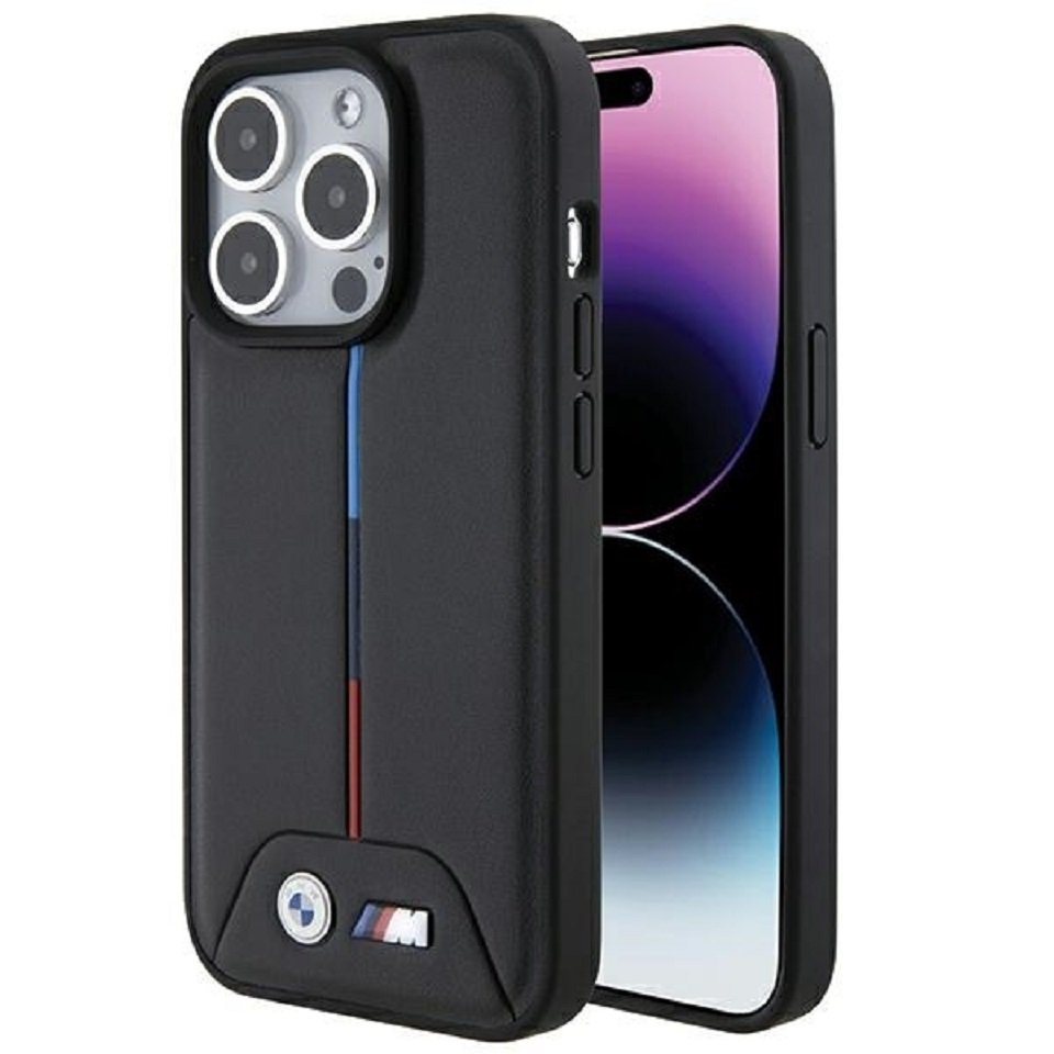 BMW Handyhülle Case iPhone 15 Pro Max Kunstleder Streifen schwarz rot blau Logo 6,7 Zoll, Kantenschutz von BMW