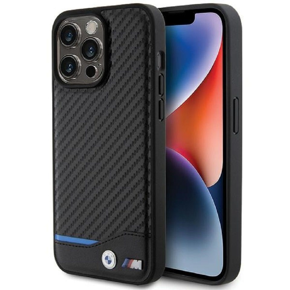 BMW Handyhülle Case iPhone 15 Pro Max Leder Tricolor schwarz Carbon 6,7 Zoll, Kantenschutz von BMW