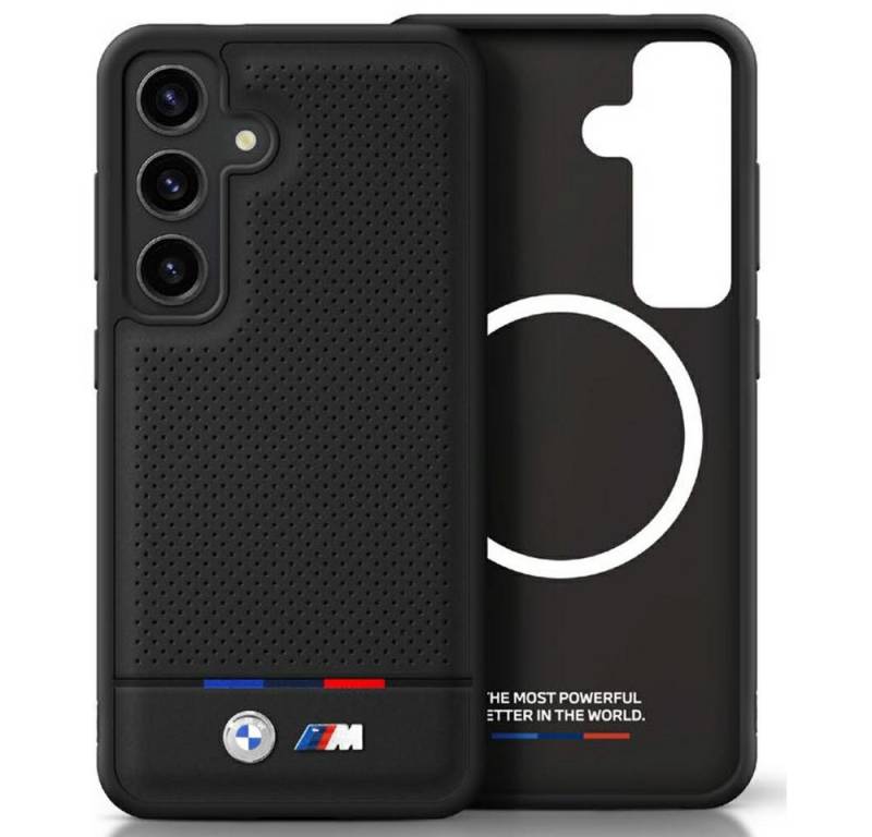 BMW Handyhülle Galaxy S25 Plus Kunstleder gelocht schwarz MagSafe Logo Metall 6,7 Zoll, Kantenschutz von BMW