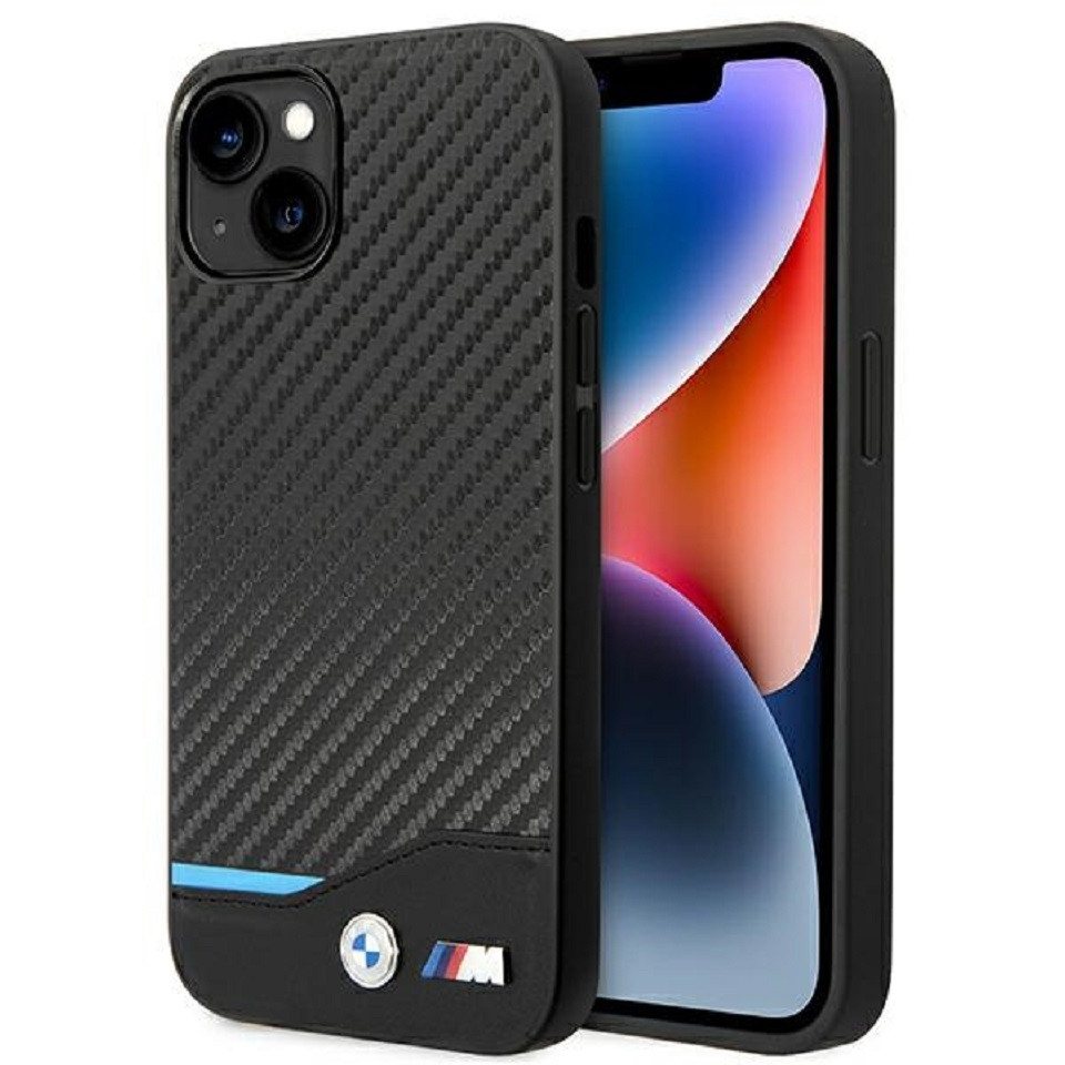 BMW Handyhülle Handyhülle Case iPhone 13 / 14 / 15 BMW Leder Tricolor schwarz Carbon 6,1 Zoll, Kantenschutz von BMW